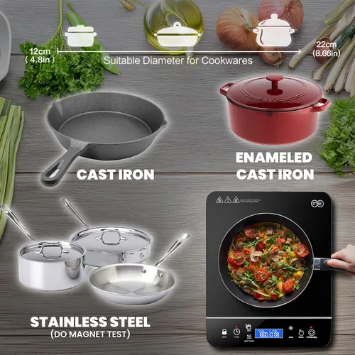Miniatura 2 de OMEO Placa de cocción portátil de doble inducción con 2 quemadores, control táctil, cocina de inducción de 110 V con bloqueo de seguridad, pausa