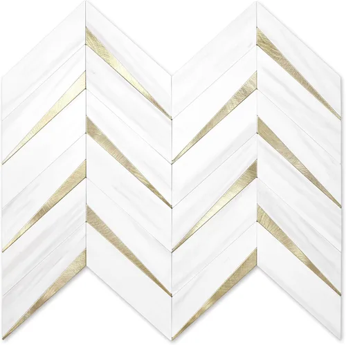 Miniatura 9 de STICKGOO 10 hojas de azulejos en espiga para despegar y pegar, mármol Calacatta mezclado con PVC dorado claro para salpicaderos, azulejos de pared