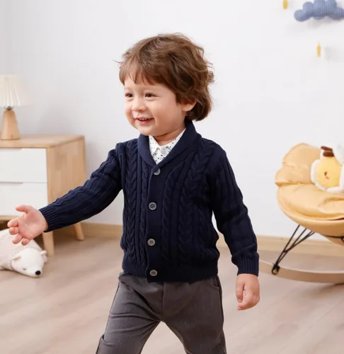 Miniatura 2 de Feidoog Cárdigan de ganchillo para bebés y niños, cuello en V, suéter de punto con botones para niños pequeños