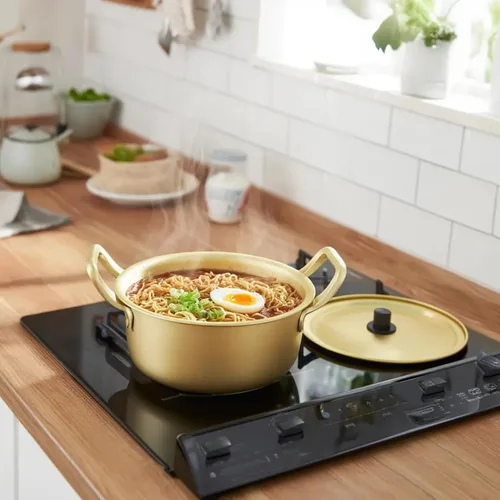 Miniatura 3 de Olla de fideos ramen coreanos, utensilios de cocina de fideos ramen, aluminio amarillo, antiadherente, tradicional coreano, cuenco de cocción rápida