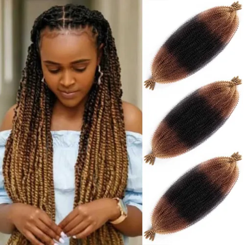 Miniatura 52 de Cabello afro trenzado elástico color marrón claro de 16 pulgadas, paquete de 3 T27, cabello afro preesponjado y trenzado elástico, cabello afro