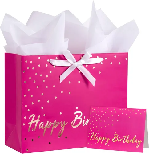 WRAPAHOLIC Bolsas de regalo de cumpleaños rosa intenso de 13 pulgadas con papel de seda y tarjeta, bolsas de puntos de aluminio rosa y dorado para