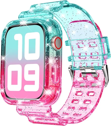 DABAOZA - Correa compatible con Apple Watch de 49 mm, 46 mm, 45 mm, 44 mm, 42 mm, 41 mm, 40 mm, 38 mm, con protector, correa de TPU brillante para