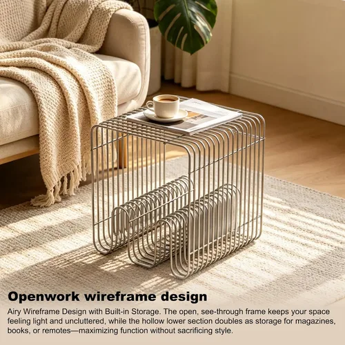 Mesa auxiliar retro, mesita de noche decorativa para sala de estar, mesa auxiliar pequeña de metal lineal de acero inoxidable, estante de escritorio