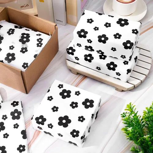 Miniatura 4 de Whaline 100 hojas de papel de seda bohemio con margaritas color negro y blanco, papel de regalo floral para manualidades, manualidades, flores