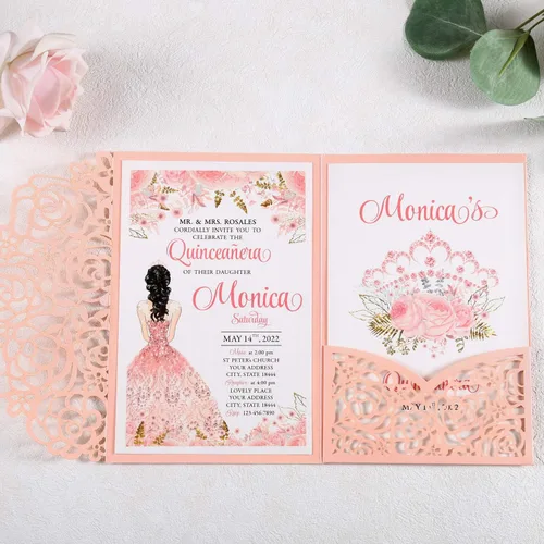 Miniatura 3 de Juego de 50 invitaciones de quinceañera rosa personalizadas de 4.7 x 7 pulgadas, cortadas con láser, tarjetas de invitación de quinceañera
