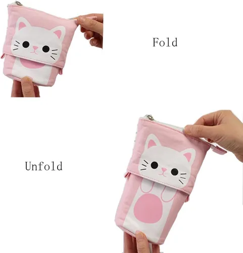 Miniatura 5 de iSuperb - Portalápices convertible para soporte y almacenamiento, de lona y poliuretano, con caricatura de gato adorable; cartuchera telescópica