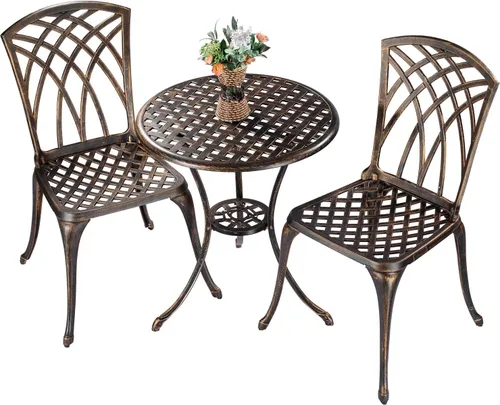 Miniatura 2 de Bistro - Juego de muebles de patio de aluminio fundido de 3 piezas, 2 sillas y 1 mesa redonda con agujero para sombrilla para exteriores, patio
