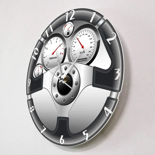 Miniatura 2 de The Geeky Days Reloj de pared de cuarzo silencioso con volante y tablero de instrumentos deportivo, diseño de automóvil, decoración del hogar