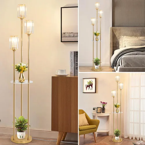 Miniatura 7 de HMVPL Lámparas de pie doradas para sala de estar, lámpara de pie moderna con estantes, lámparas de pie de cristal con mesa, lámpara alta de latón