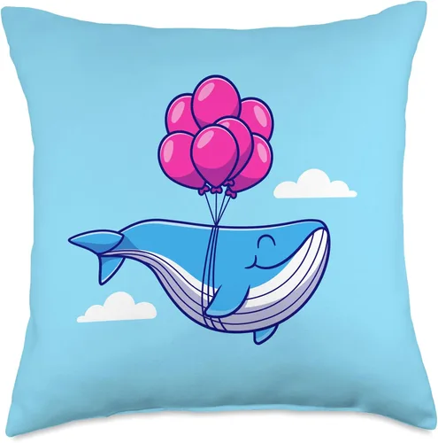 Miniatura 4 de Whale Floating with Balloon Ocean Cute Blue Whales Cartoon Throw Pillow