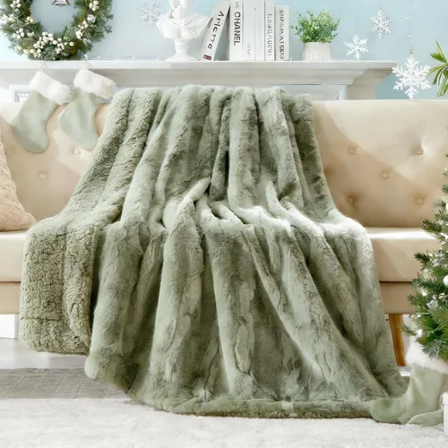 Miniatura 2 de COZYART Manta Sherpa de piel sintética esponjosa sin pelusa para sofá, color verde salvia, 50 x 60 pulgadas, forro polar sherpa, reversible, suave