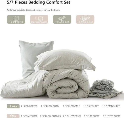 Miniatura 6 de UNILIBRA Juego de edredón Queen de 7 piezas, juego de ropa de cama de teñido catiónico verde salvia con edredón, sábanas, fundas de almohada y Gris