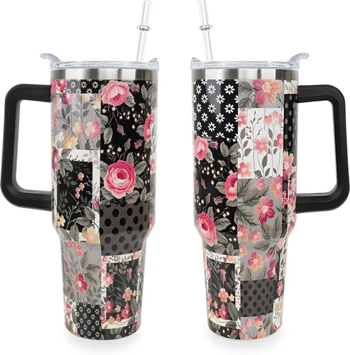 Miniatura 12 de Sunmdecor Vaso de 40 oz con asa y pajitas de silicona, vaso aislado para café con asa, vaso de 40 oz con asa