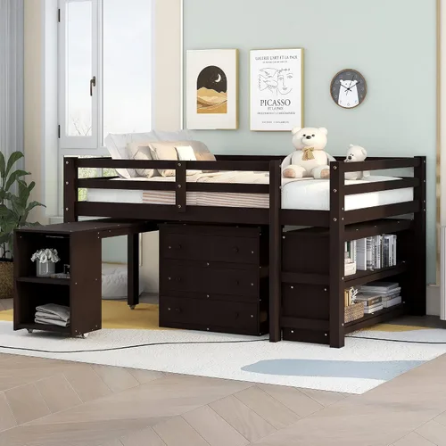 Miniatura 14 de Base de cama baja de madera con escritorio portátil rodante, cama alta individual con armario abierto y cajones, cama baja con estante para niños