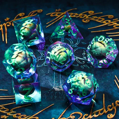 Miniatura 4 de Juego de dados DND, dados de 7 piezas de dados de ojo de núcleo líquido, Dungeons and Dragons, dados de resina de borde afilado con caja de regalo
