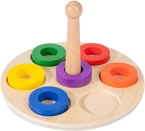 Miniatura 7 de Adena Montessori Anillo de madera para apilar y clasificar con 6 anillos de clavija, anillos apilables de arco iris de madera, juguetes apiladores