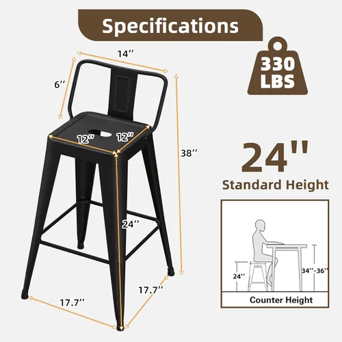Miniatura 2 de Juego de 4 taburetes de bar de metal, taburetes de bar de altura de mostrador con respaldo bajo, sillas de bar industriales modernas de 24 pulgadas