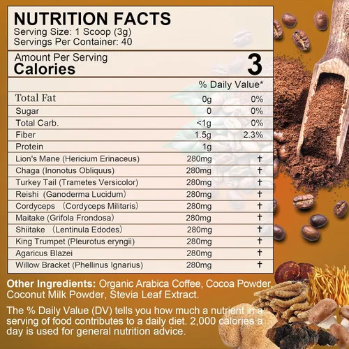 Miniatura 7 de Café de hongos - Café instantáneo en polvo de hongos de melena de león con melena de león, reishi, chaga, cordyceps y cola de pavo - Alternativa