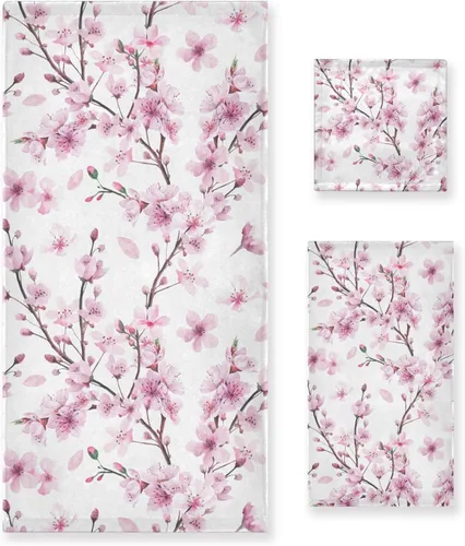 Pfrewn Juego de 3 toallas de baño con diseño de flores de cerezo con flores de cerezo, toallas de baño suaves y absorbentes, toallas de mano para