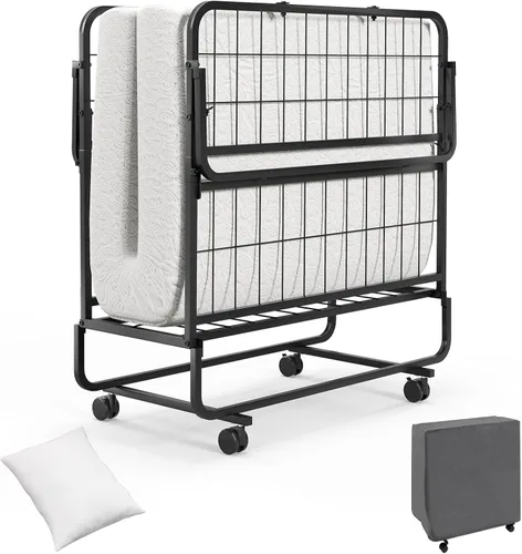 Miniatura 11 de GOFLAME Cama plegable con colchón de espuma viscoelástica, cama de invitados de tamaño individual con marco de metal resistente, cama plegable