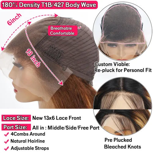 Miniatura 2 de ALSZIQIHR Peluca de cabello humano con encaje frontal HD de 13 x 6 pulgadas, reflejos 4/27, rubio miel, ondulado, prearrancado, sin pegamento