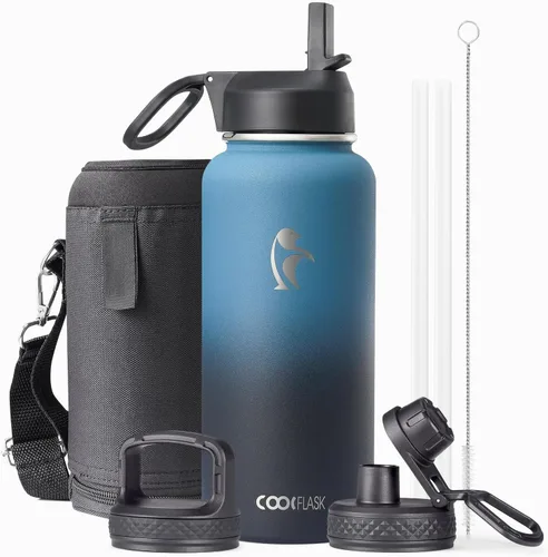 Miniatura 21 de Coolflask Botella de agua de 20 onzas aislada con pajilla, 3 tapas de metal de acero inoxidable, botella de agua de boca ancha para deportes u