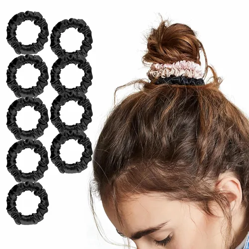 LILYSILK Paquete de 9 coleteros de seda de morera real, color negro, para mujeres, mini corbatines coloridos para el cabello, niñas, bandas 9 piezas