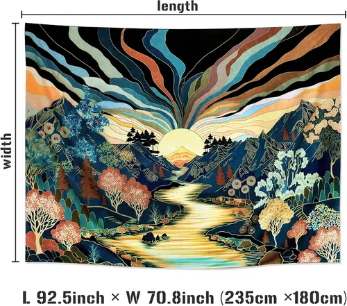 Miniatura 7 de Dermijer Tapiz con luz negra, bosque y montaña, tapiz solar reactivo a los rayos UV, tapices de paisaje retro con luz negra, acuarela, árboles, arte