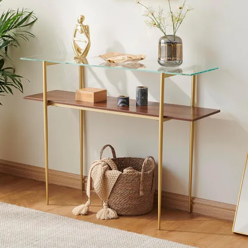 Miniatura 9 de Saint Mossi - Mesa consola marrón de 2 niveles para sala de estar, mesa de entrada estrecha moderna para pasillo, vestíbulo, pasillo, oficina, parte