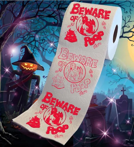 Miniatura 2 de Printed TP Papel higiénico impreso con texto en inglés "Beware of Devil" de Halloween, rollo de papel higiénico aterrador para sorpresa, broma, Rojo