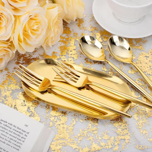 Miniatura 2 de SUT Juego de 200 piezas de tenedores y cucharas de plástico dorado resistente, cubiertos desechables dorados, cubiertos de oro, utensilios