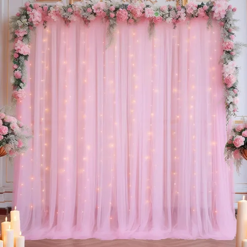 Miniatura 26 de Cortina de telón de fondo de tul azul bebé de 10 x 8 pies con cadena de luces para fiestas, cortinas de fondo transparentes para bodas, baby shower
