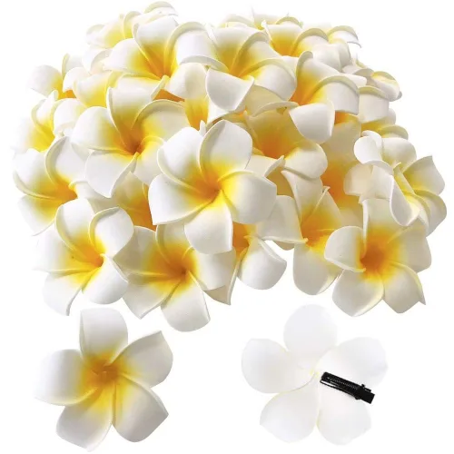 50 pinzas para el cabello de 2.5 pulgadas de espuma blanca hawaiana de plumas artificiales de plumeria para el hogar, novia, boda, fiesta tropical,