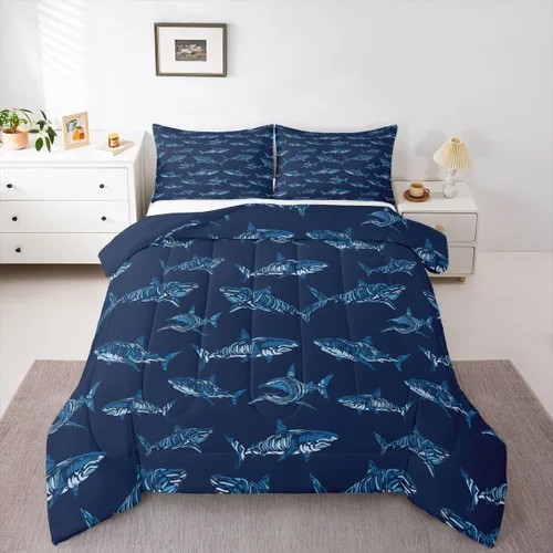 Miniatura 43 de Erosebridal Juego de edredón de tiburón, tamaño individual, juego de ropa de cama de vida oceánica para niños y niñas, color verde azulado