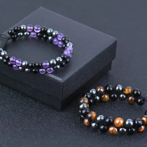 Miniatura 8 de Paquete de 2 pulseras de triple protección, obsidiana negra y hematita genuina de ojo de tigre y cuentas de hematita para hombres y mujeres, hechas