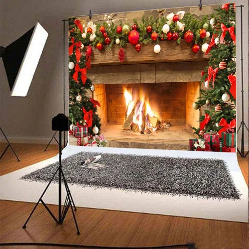 Miniatura 6 de Lofaris Telón de fondo de chimenea de Navidad de 5 x 3 pies, diseño vintage de árbol de fuego, medias rojas, regalos de fondo de fotografía