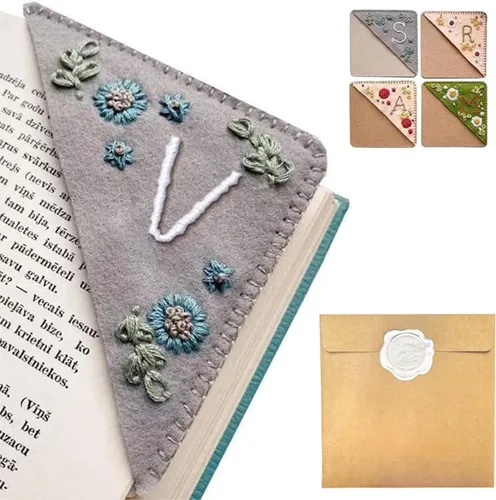 Miniatura 100 de Marcapáginas de esquina bordado a mano personalizado, 26 letras con costura a mano de fieltro, marcapáginas de esquina con bordado de flores lindo