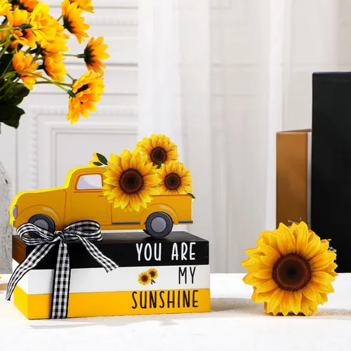 Miniatura 6 de Yookeer 5 piezas de girasoles para decoración de bandejas escalonadas, decoración de girasol, letrero de madera de verano, centro de mesa de sol