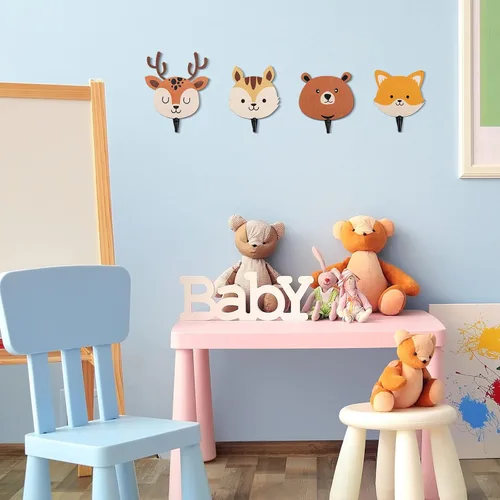 Miniatura 3 de Tatuo 4 ganchos de pared de animales de madera Safari para niños, ganchos de pared para abrigos, temática de animales de selva, decoración