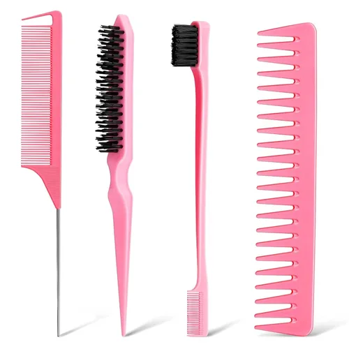 Juego de 4 peines para el cabello, cepillo de cerdas para borde, peine de cola de rata y peine de dientes anchos para mujeres, niñas y hombres, Rosa
