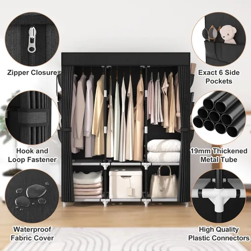 Miniatura 5 de VTRIN Armario portátil para colgar ropa con cubierta, 3 varillas colgantes, 6 estantes de almacenamiento y bolsillo lateral, Tubo de metal