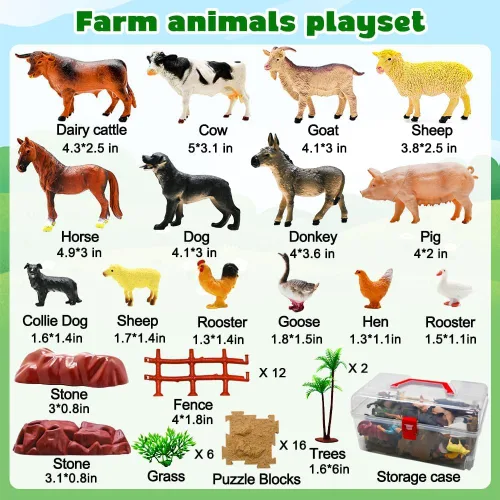 Miniatura 2 de BOLZRA Figuras de animales de granja, juguetes realistas de animales de plástico con bloques de construcción de vallas, juego de figuras de granja
