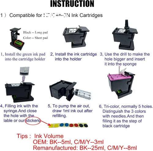 Miniatura 4 de Kit de recarga de tinta negra de 5 botellas compatible con cartuchos de tinta 68XL 67XL 65XL 64XL 63XL 62XL 61XL 60XL 664XL 662XL 21XL 56XL 901XL