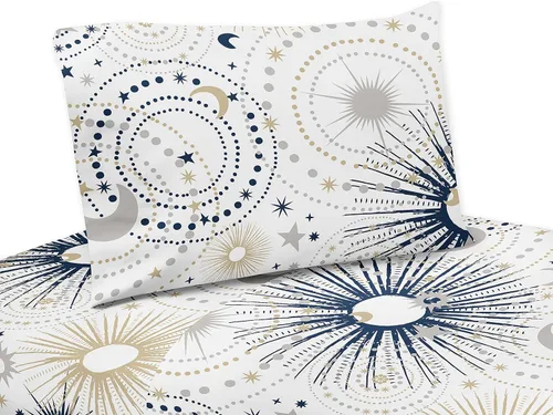 Sweet Jojo Designs Star and Moon - Juego de sábanas tamaño individual, juego de 3 piezas, azul marino, dorado y gris, cielo celestial, estrellas,
