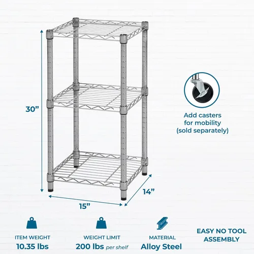 Miniatura 3 de Honey-Can-Do - Estantes ajustables resistentes de 3 niveles, estante de almacenamiento de metal con capacidad de 200 lb, cromado, 15 pulgadas