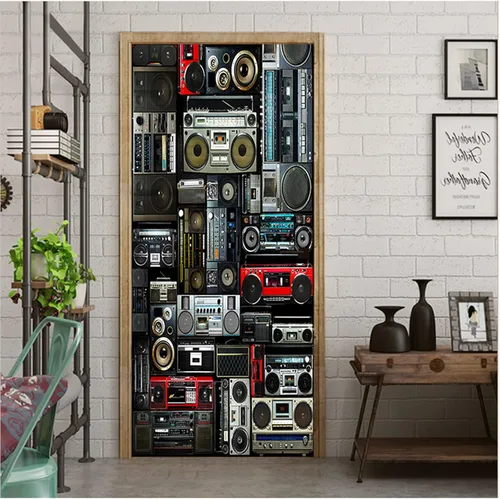 Miniatura 2 de artfanke Adhesivo 3D para puerta, 30.3 x 78.7 pulgadas, papel tapiz autoadhesivo impermeable para puerta, póster de pared vintage de radio Boombox