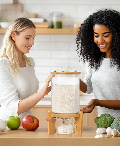 Miniatura 6 de HBlife Dispensador de arroz de vidrio de 5 a 7 libras con soporte de madera, contenedor de harina y cereales con taza medidora de vidrio, despensa