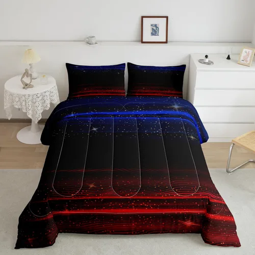 Juego de edredón degradado, juego de ropa de cama con degradado azul, rojo y negro, tamaño King, edredón de plumón con estrellas y cielo estrellado,