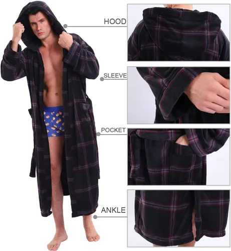 Miniatura 4 de KEMUSI Bata de baño de longitud completa suave con capucha para hombre, cómodo camisón cálido de longitud completa